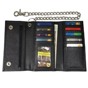 Men's Cowhide Black Leather Trifold Chain Motorcycle Biker Long Checkbook Wallet